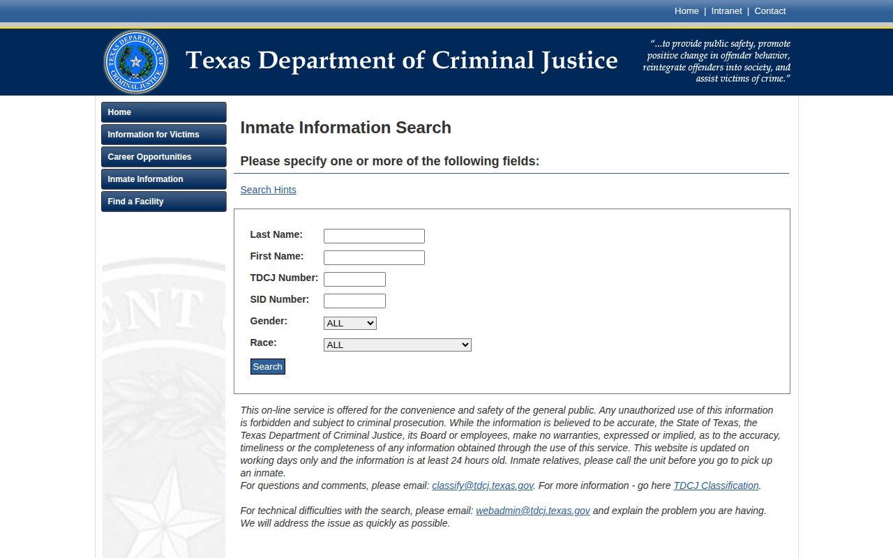 TDCJ search fields for a Fayette County state inmate release record